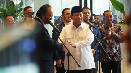 Capres nomor urut 2 Prabowo Subianto menemui lawan politiknya Ketum NasDem Surya Paloh usai dirinya dinyatakan sebagai pemenang Pilpres oleh KPU. (Foto: Media Center NasDem)